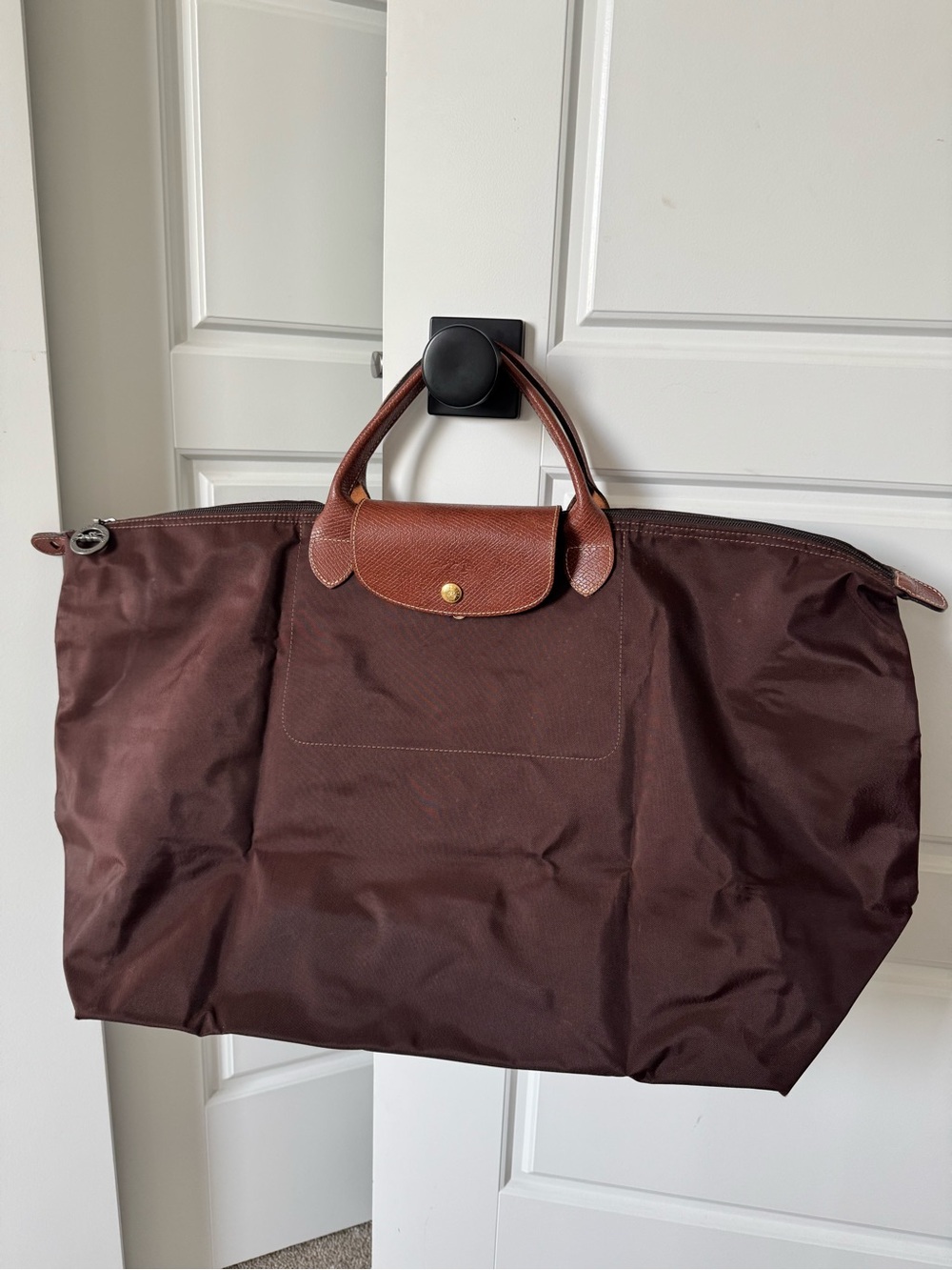 Longchamp brown nylon Le Pliage tote with tan leather trim Large!